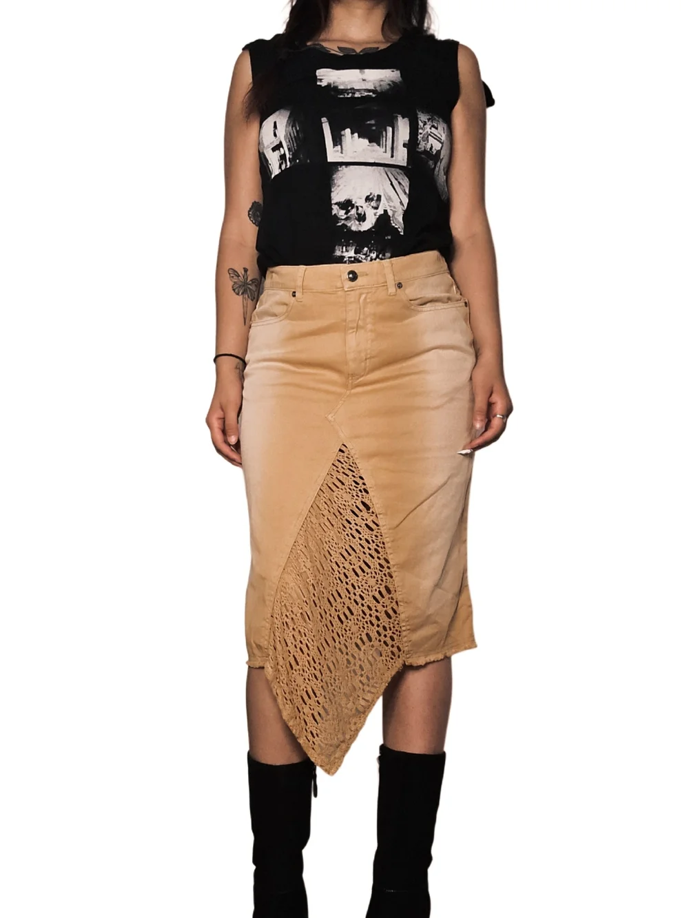 Y2k XOXO Tan Denim Crotchet Midi Skirt!
